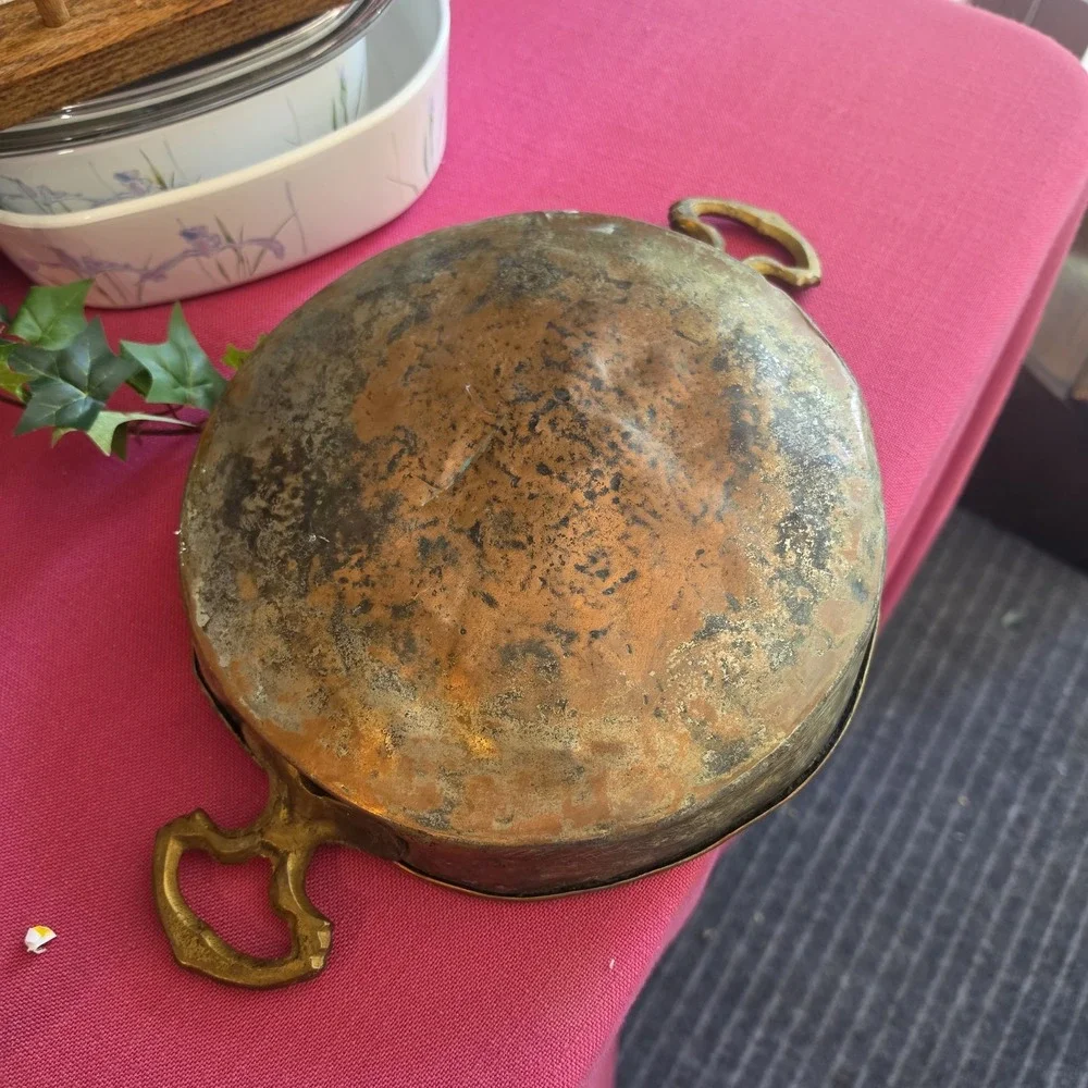 Antique Primitive Copper Pan Crude Forged 2 Brass Handled 9